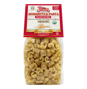 Organic Homestyle Radiatori Pasta by Flora Foods in a 16.02 oz package, showcasing the pasta's distinctive ridged shape.