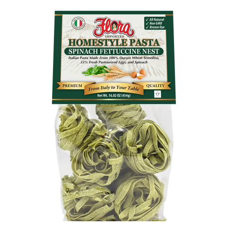 Homestyle spinach fettuccine pasta nest by Flora Foods, 16.02 oz, displaying fresh green spinach-infused pasta in a nest shape.
