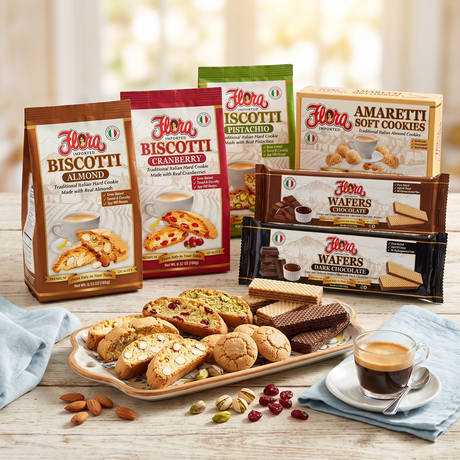 Assorted Italian cookies in a decorative Flora Foods cookie box, featuring traditional biscotti, amaretti, and other sweet treats.