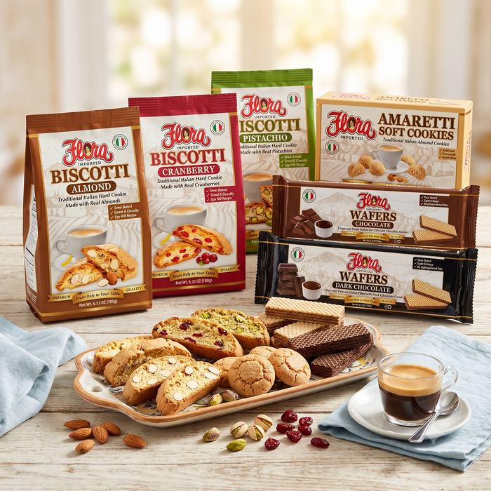 Assorted Italian cookies in a decorative Flora Foods cookie box, featuring traditional biscotti, amaretti, and other sweet treats.