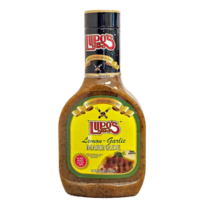 Lupo's Lemon-Garlic Marinade by Flora Foods in 16 oz bottle, featuring fresh lemon and garlic flavor for grilling and cooking.