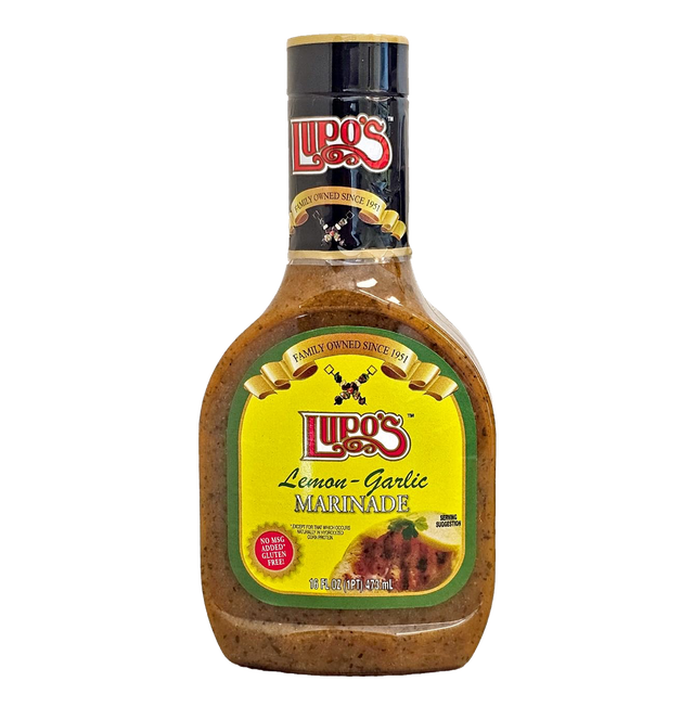 Lupo's Lemon-Garlic Marinade by Flora Foods in 16 oz bottle, featuring fresh lemon and garlic flavor for grilling and cooking.