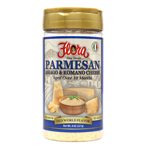 Grated Parmesan, Asiago, and Romano cheese blend from Flora Foods, aged over 10 months in an 8 oz package.