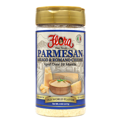 Grated Parmesan, Asiago, and Romano cheese blend from Flora Foods, aged over 10 months in an 8 oz package.