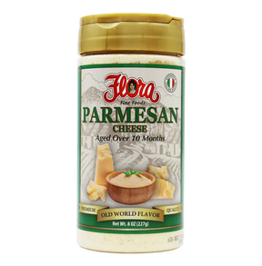 Grated Parmesan cheese by Flora Foods, aged over 10 months, 8 oz container, showing finely grated cheese in a clear package.