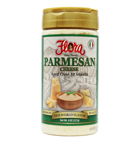 Grated Parmesan cheese by Flora Foods, aged over 10 months, in an 8 oz package, showing finely grated cheese in a clear container.