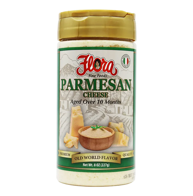 Grated Parmesan cheese by Flora Foods, aged over 10 months, 8 oz container, showing finely grated cheese in a clear package.