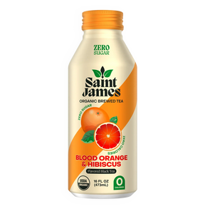 Flora Foods Saint James Organic Brewed Tea with blood orange and hibiscus in a 16 fl oz bottle, featuring vibrant fruit and tea ingredients.