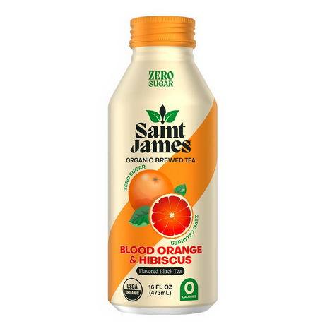 Flora Foods Saint James Organic Brewed Tea with blood orange and hibiscus in a 16 fl oz bottle, featuring vibrant fruit and tea ingredients.