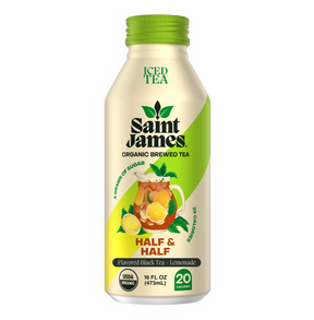 Flora Foods Saint James Organic Brewed Tea Half & Half Black Tea Lemonade 16 Fl Oz bottle with label and lemon slices