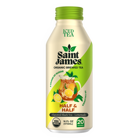 Flora Foods Saint James Organic Brewed Tea Half & Half Black Tea Lemonade 16 Fl Oz bottle with label and lemon slices