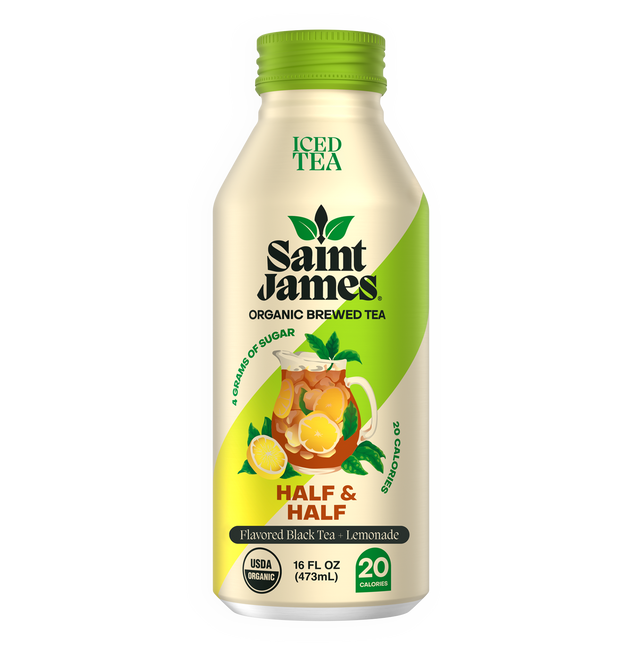 Flora Foods Saint James Organic Brewed Tea Half & Half Black Tea Lemonade 16 Fl Oz bottle with label and lemon slices