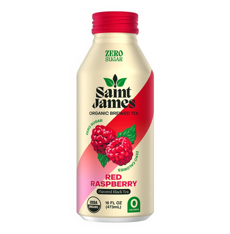 Flora Foods Saint James Organic Brewed Tea with red raspberry and black tea in a 16 fl oz bottle, refreshing beverage with natural flavors.