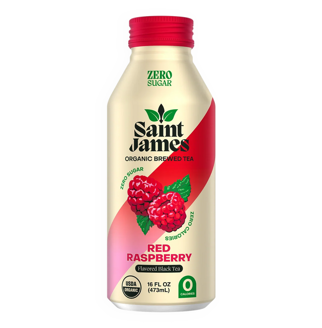 Flora Foods Saint James Organic Brewed Tea with red raspberry and black tea in a 16 fl oz bottle, refreshing beverage with natural flavors.