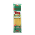 Thin Fettuccine Pasta No. 5 by Flora Foods, 16 oz package, showing golden pasta strands in a clear bowl.