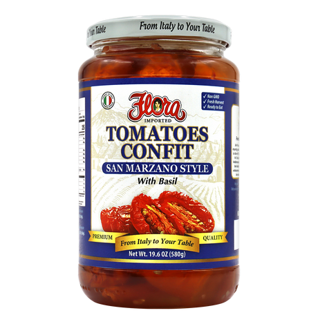 Jar of Flora Foods tomatoes confit in San Marzano style with basil, 19 oz, showcasing glossy, flavorful preserved tomatoes.