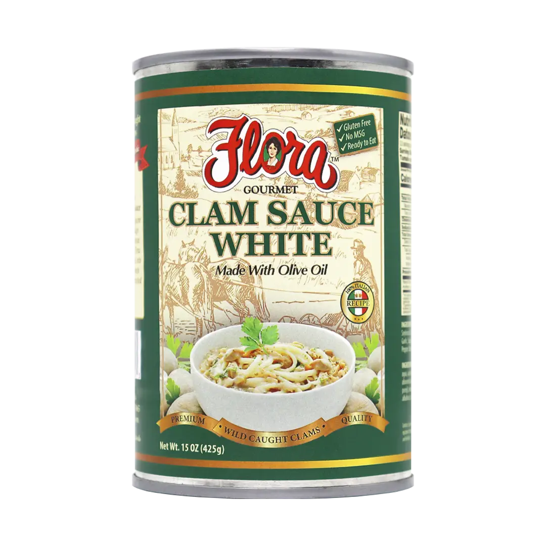 White clam sauce in a 15 oz jar by Flora Foods, showing the label and product packaging.