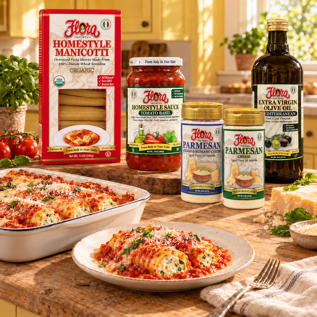 Homestyle Manicotti Bake-at-Home Set — included Flora products and serving suggestion