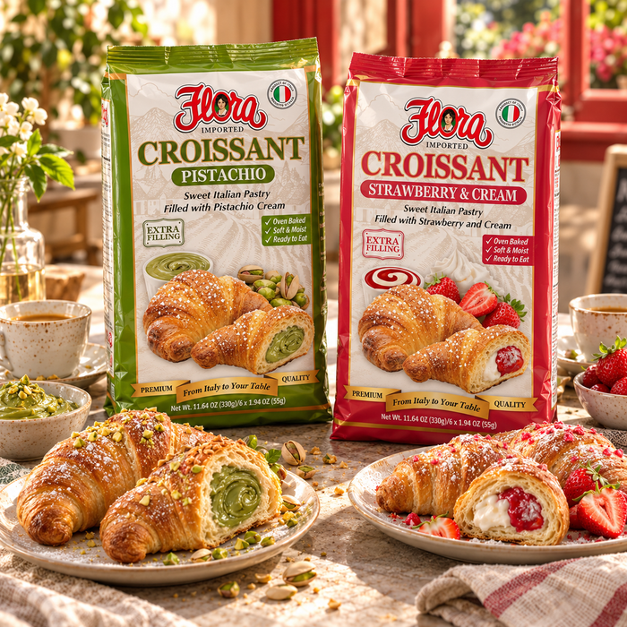 Italian Croissant Café Assortment — original Flora products in a natural serving scene