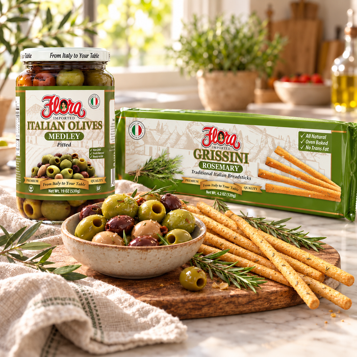 Original Flora Medley pitted olives and Rosemary Grissini packages with a ready-to-serve Italian aperitivo