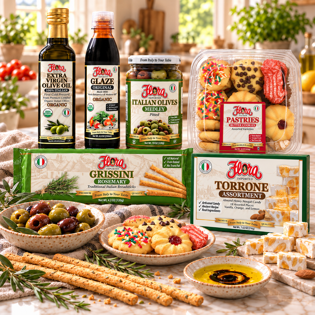 Italian Pantry Host Gift with six original Flora products: organic olive oil, balsamic glaze, mixed olives, rosemary grissini, assorted butter cookies and torrone