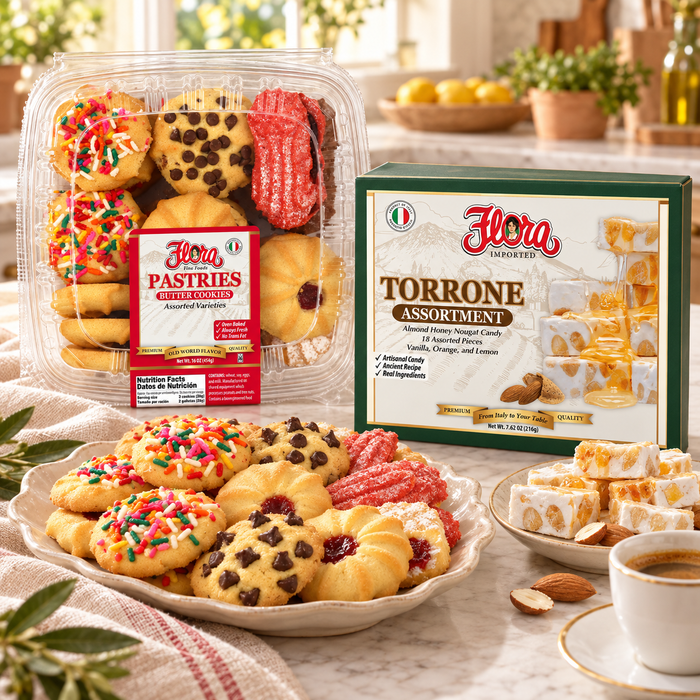 Original Flora assorted butter cookies and 18-piece Torrone Assortment with Italian sweets and espresso