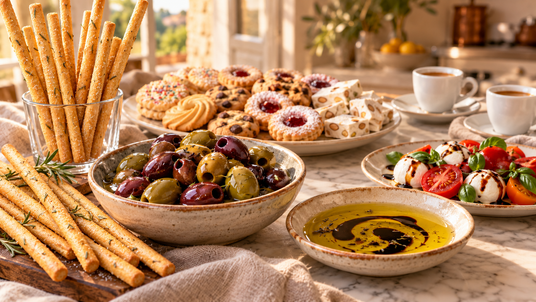 Italian hosting table with mixed olives, rosemary grissini, olive oil, balsamic glaze, assorted cookies and torrone