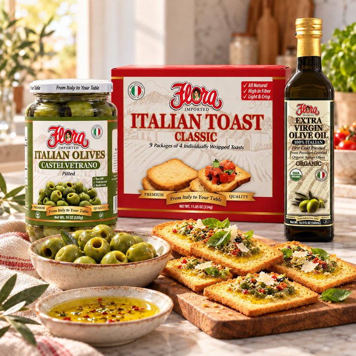 Original Flora Classic Italian Toast, Castelvetrano olives and organic olive oil with a prepared aperitivo