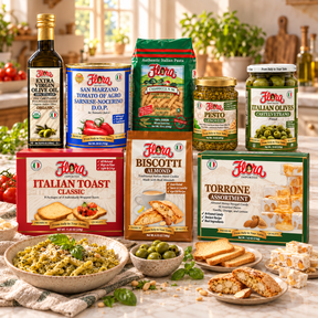 John Flora Grand Tour eight-product bundle with original Flora olive oil, tomatoes, Casarecce pasta, pesto, Castelvetrano olives, Italian toast, almond biscotti and torrone