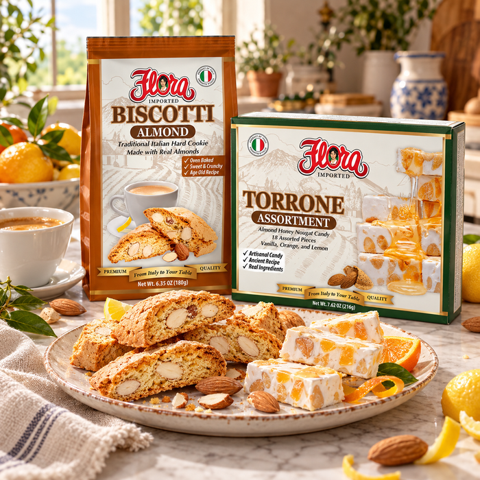 Original Flora Almond Biscotti and 18-piece Torrone Assortment packages with Italian sweets and espresso