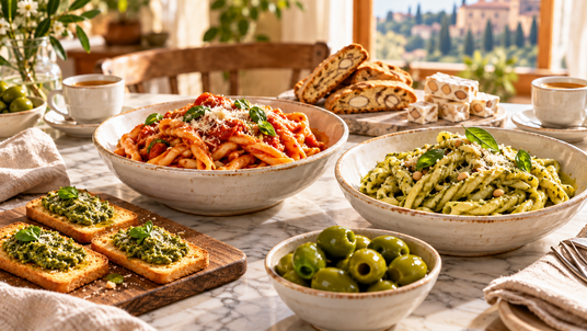 An Italian meal from aperitivo to dessert with pesto and tomato Casarecce, Castelvetrano olives, Italian toast, biscotti and torrone