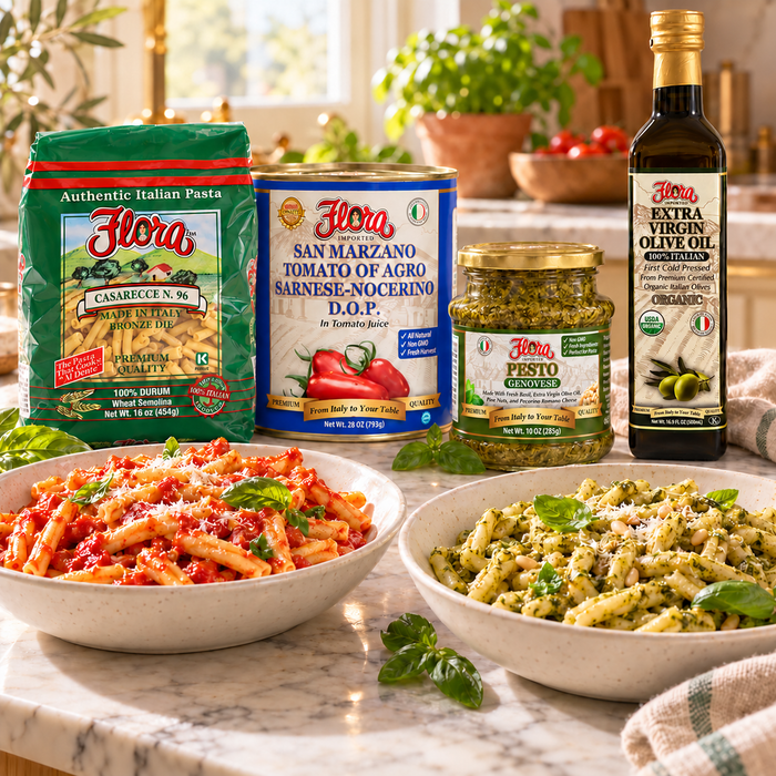 Original Flora Casarecce, San Marzano DOP tomatoes, Genovese pesto and olive oil with two finished pasta dishes