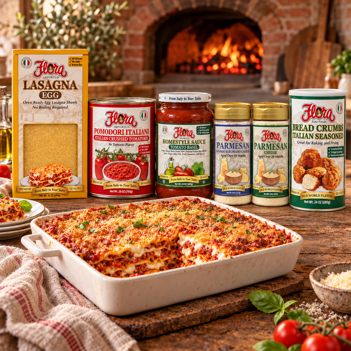 Lasagna al Forno Family Bake Box — included Flora products and serving suggestion