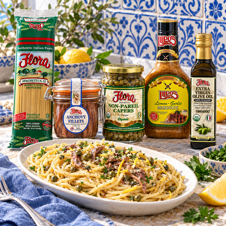 Lemon Caper & Anchovy Coastal Cooking Kit with original products and a prepared pasta serving suggestion