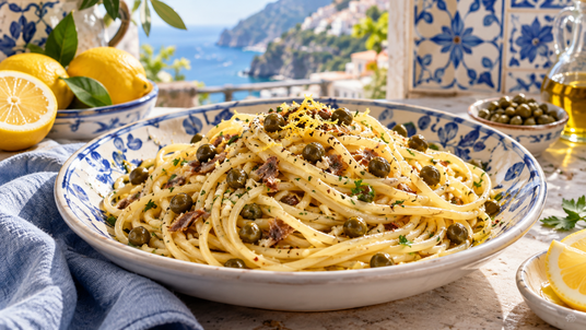 Prepared Lemon Caper Anchovy Spaghetti recipe serving suggestion