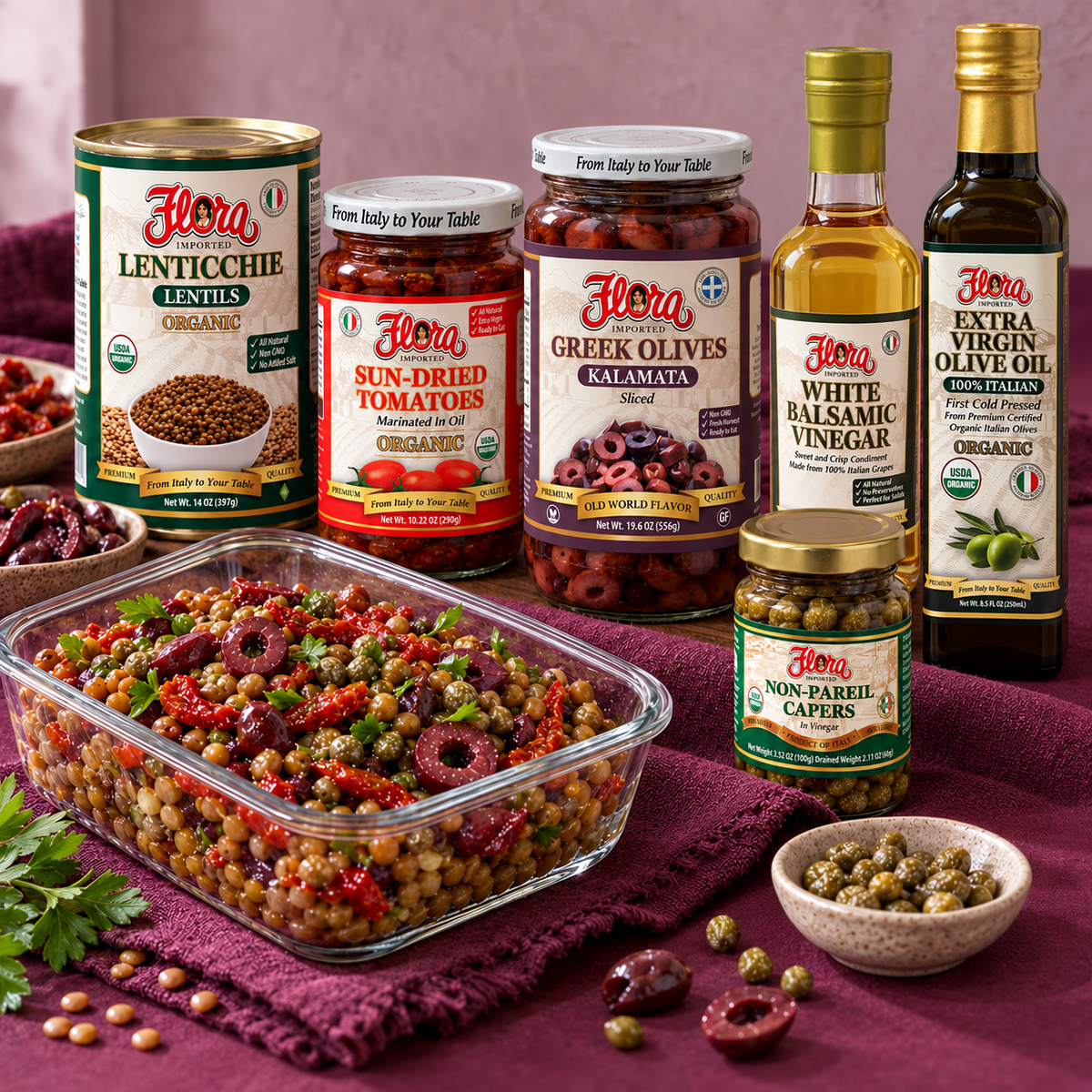 Lentil Antipasto Lunch Pantry — included Flora products and recipe serving suggestion