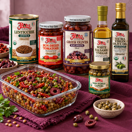 Lentil Antipasto Lunch Pantry — included Flora products and recipe serving suggestion