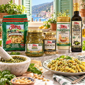 Ligurian Casarecce Pesto Kitchen Set — included Flora products and serving suggestion