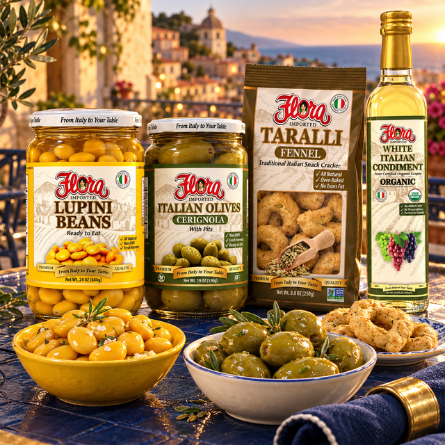 Lupini Aperitivo Sharing Selection — included Flora products and recipe serving suggestion