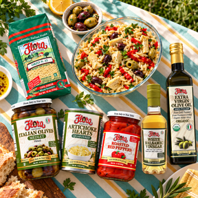 Mediterranean Orzo Picnic Pantry — included Flora products and serving suggestion