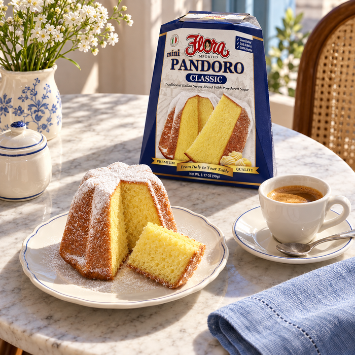 Your Own Café Moment — Flora mini pandoro classic with its original package in an Italian setting