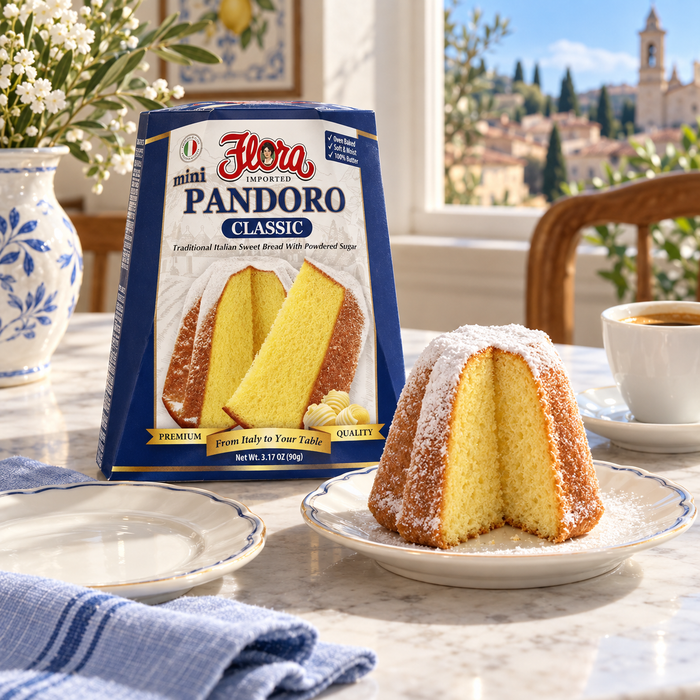 A Small Gift, a Warm Welcome — Flora mini pandoro classic with its original package in an Italian setting