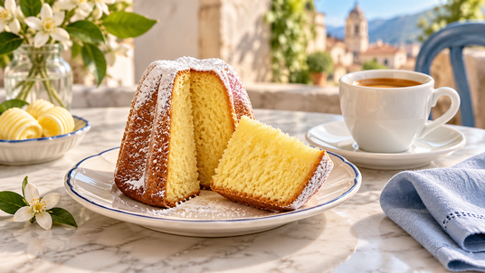 Flora mini pandoro classic served with coffee, showing the correct buttery classic pandoro interior
