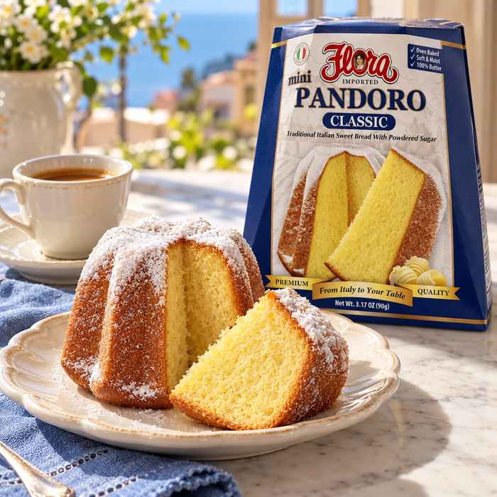 An Italian Star in Miniature — Flora mini pandoro classic with its original package in an Italian setting