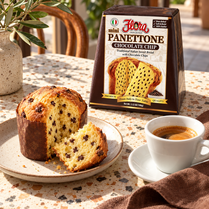 Your Coffee’s Sweet Companion — Flora mini panettone chocolate chip with its original package in an Italian setting
