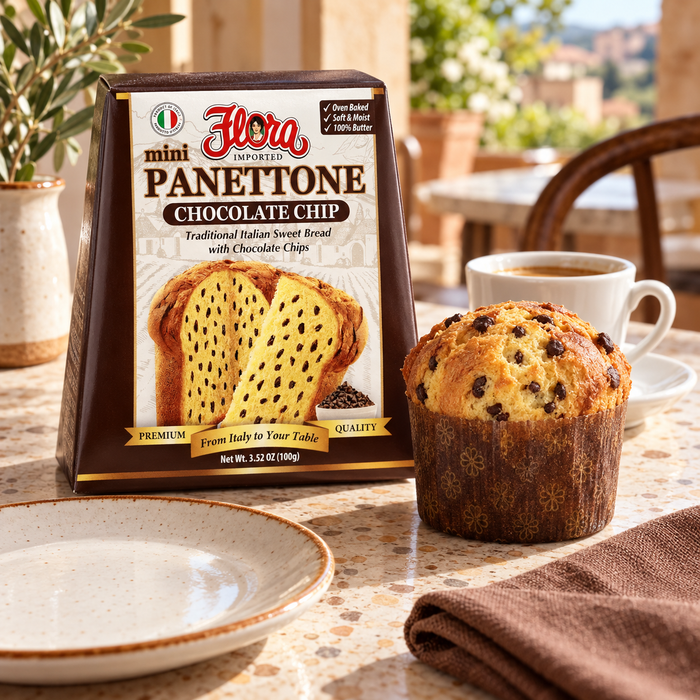 Sweeten Someone’s Day — Flora mini panettone chocolate chip with its original package in an Italian setting