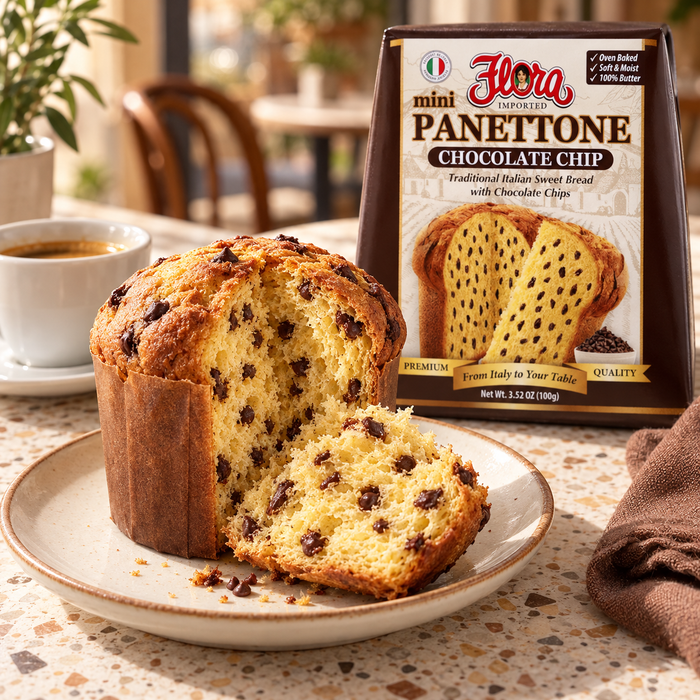 A Little Chocolate Indulgence — Flora mini panettone chocolate chip with its original package in an Italian setting