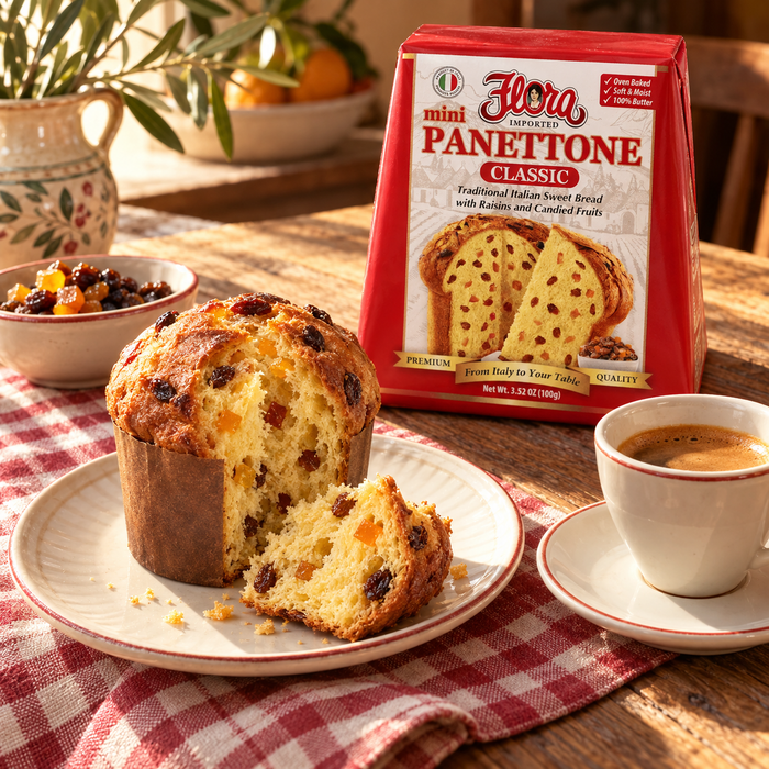 Make Time for a Sweet Pause — Flora mini panettone classic with its original package in an Italian setting