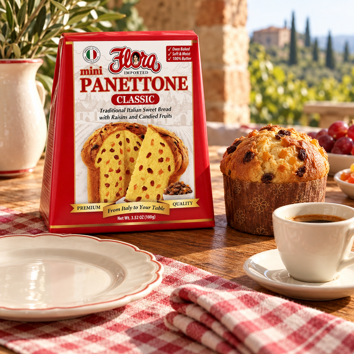 Little Package, Festive Spirit — Flora mini panettone classic with its original package in an Italian setting