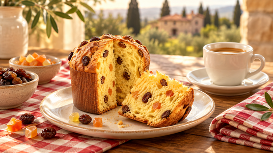 Flora mini panettone classic served with coffee, showing the correct raisins and candied fruit interior